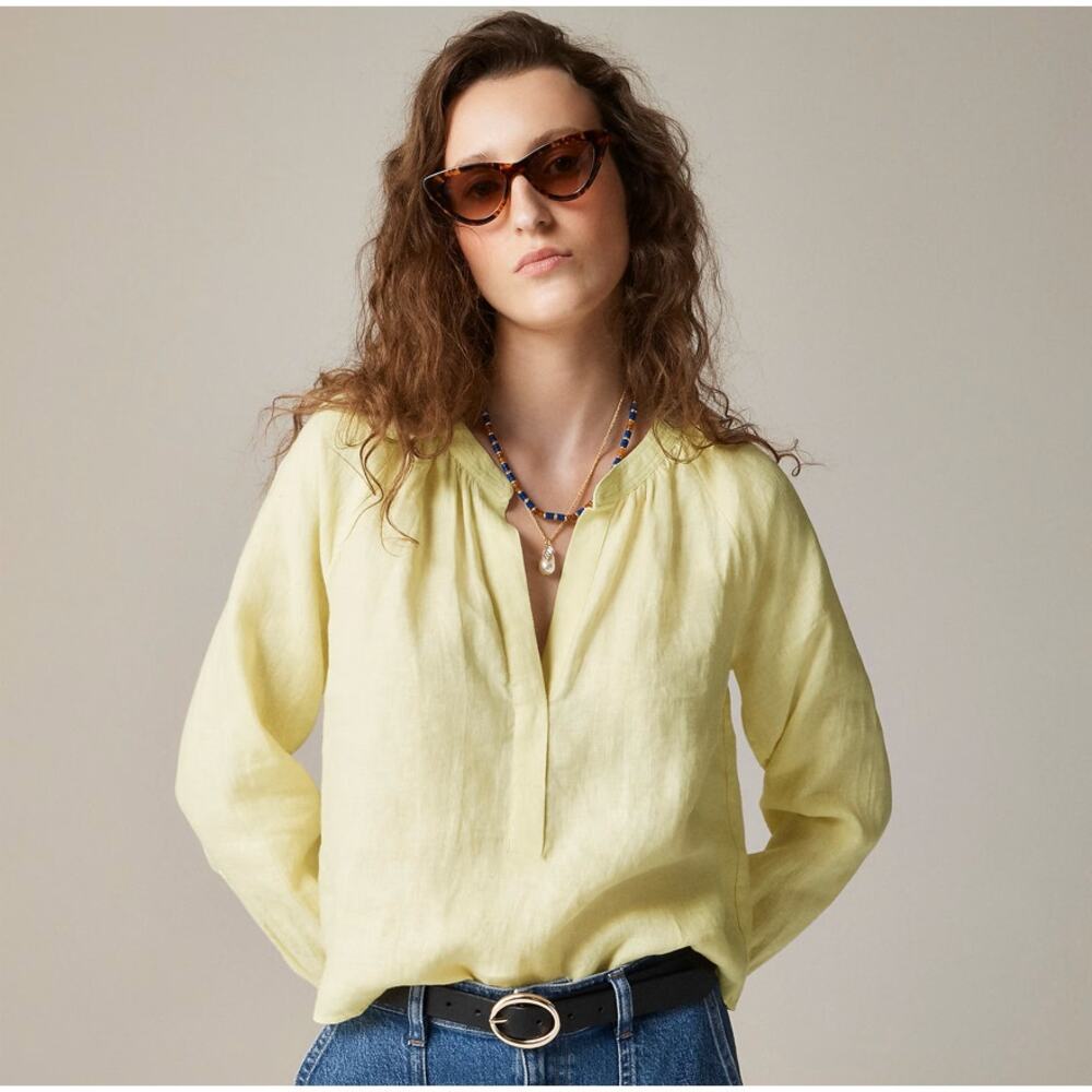 J.Crew Cabana Linen Popover Blouse WMNS XS Yellow V-neck Long Sleeve Breathable